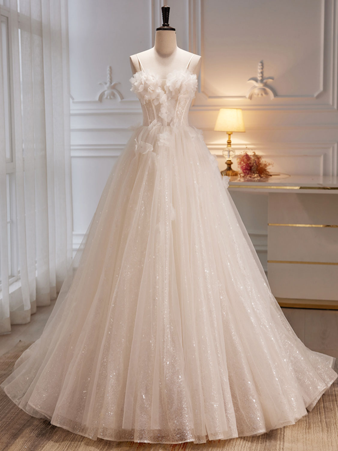 Long Sleeve Ivory Lace Tea Length Illusion Bridal Dress - VQ